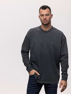 PALM MYKONOS super vintage t shirt long sleeve gray חולצה ארוכה סטון ווש עם קרעים בצווארון בגוון אפור - L