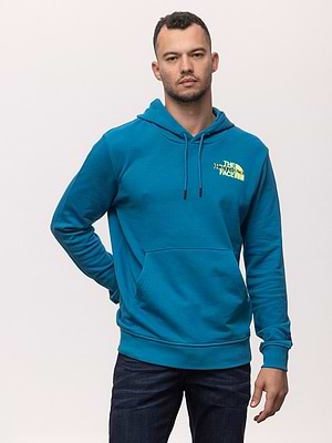 THE NORTH FACE blue small logo hoodieקפוצון בצבע כחול בוהק לוגו צהוב והדפס בגב