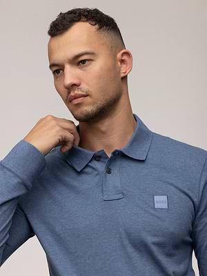 BOSS polo long sleeve blue jeansפולו שרוול ארוך בצבע כחול ג'ינס לוגו צידי