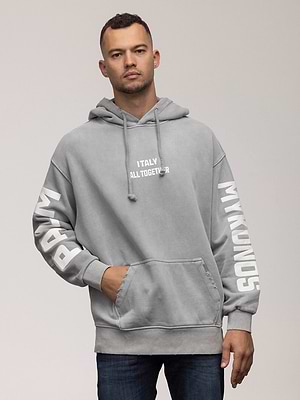 PALM MYKONOS  hoodie super vintage light grayקפוצון סופר וינטג' עם הדפס בחזית ובשרוול בצבע אפור בהיר - M