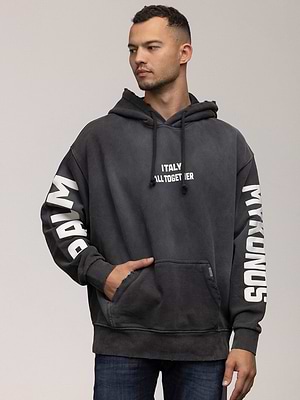 PALM MYKONOS  hoodie super vintage dark gray קפוצון סופר וינטג' עם הדפס בחזית ובשרוול בצבע אפור כהה