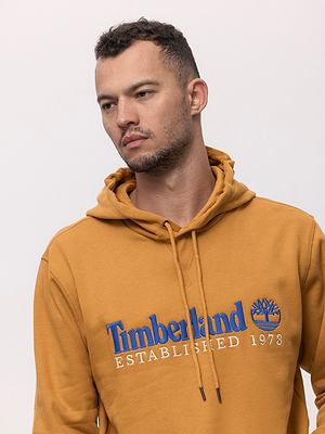 TIMBERLAND orange blue big logo hoodie קפוצון בצבע כתום עם לוגו כחול רקום בחזית המוצר