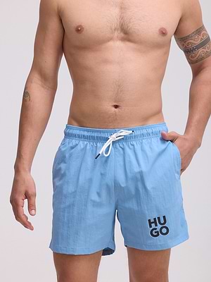 HUGO swimshort light blue small logo בגד ים בצבע תכלת עם הלוגו המותג צידי