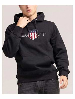 GANT hoodie black big logo shield גאנט קפוצון שחור לוגו גדול כסוף שילד - XL