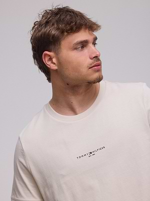 TOMMY HILFIGER logo t shirt חולצה בצבע בז' מלאנז עם לוגו קטן במרכז המוצר - L