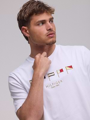 TOMMY HILFIGER logo t shirt חולצה בצבע לבן רקמה דגלים במרכז המוצר - L