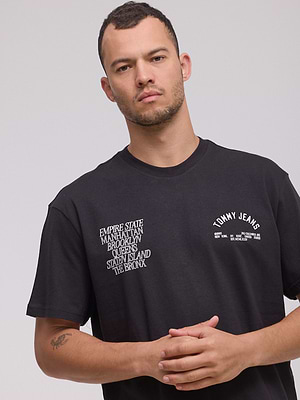 TOMMY HILFIGER logo t shirt חולצה בצבע שחור עם  הדפס אחורי בגב אמריקה - XL