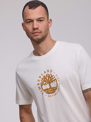 TIMBERLAND  logo t shirt חולצה בצבע שמנת עם עיגול קטן בחזית המוצר כתום