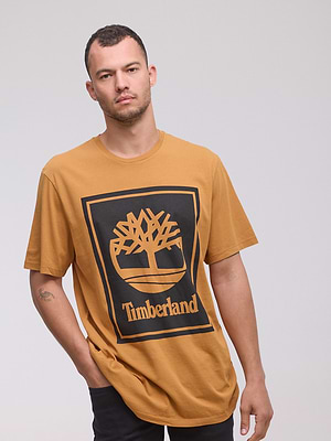TIMBERLAND  logo t shirt חולצה בצבע כתום עם ריבוע גדול שחור בחזית