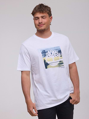 TIMBERLAND logo t shirt חולצה בצבע לבן עם ריבוע המותג צבעוני בחזית המוצר P-33