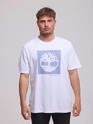 TIMBERLAND logo t shirt חולצה בצבע לבן עם ריבוע המותג תכלת P-66
