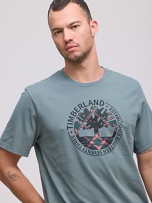 TIMBERLAND  logo t shirt חולצה בצבע טורקיז עם עיגול המותג קומופלאש - L