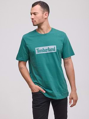 TIMBERLAND  logo t shirt חולצה בצבע טורקיז עם לוגו רוחבי לבן P-56