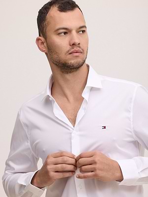 TOMMY HILFIGER white shirt tailor made slim fit מכופתרת בצבע לבן לוגו קטן
