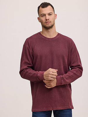 PALM MYKONOS  t shirt long sleeve white חולצה ארוכה וופל בורדו oversize - m