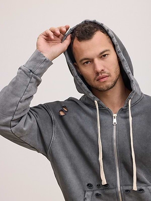 PALM MYKONOS  hoodie zip super vintage קפוצון סופר וינטג' בצבע אפור אבן עם רוכסן וקרעים