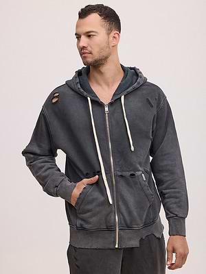 PALM MYKONOS  hoodie zip super vintage קפוצון סופר וינטג' בצבע שחור עם רוכסן וקרעים