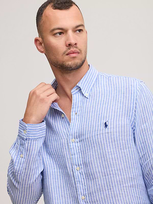 RALPH LAUREN CUSTOM FIT linen shirt logo מכופתרת פשתן פסים כחול לבן לוגו נייבי (העתק)