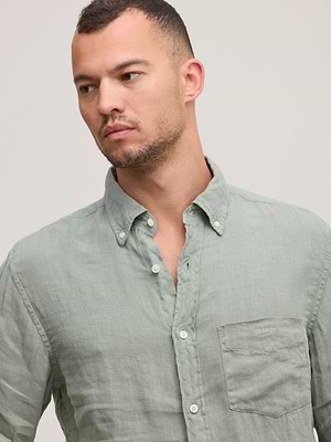 GANT linen shirt long sleeve מכופתרת פשתן  שרוול ארוך בצבע ירוק אבן עם כיס ולוגו רקום טון על טון