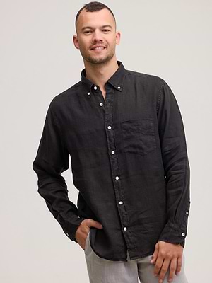 GANT linen shirt long sleeve מכופתרת פשתן שרוול ארוך בצבע שחור עם כיס ולוגו רקום טון על טון