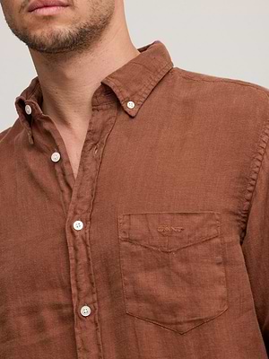 GANT linen shirt long sleeve מכופתרת פשתן  שרוול ארוך בצבע חום שוקולד עם כיס ולוגו רקום טון על טון