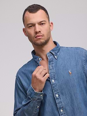 RALPH LAUREN shirt dark jeans logo מכופתרת בגוון ג'ינס כהה סוס צבעוני