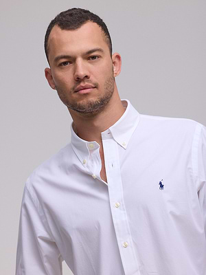 RALPH LAUREN shirt white navy logo מכופתרת קלאסית בצבע לבן סוס נייבי