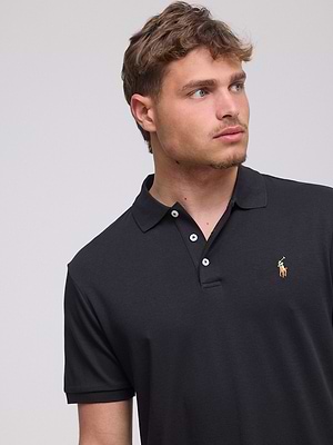 RALPH LAUREN polo black logo colour פולו בצבע שחור בד מרצרייז סוס צבעוני SLIM FIT