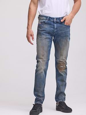 DIESEL jeans sleenker בצבע כחול חום משופשף קרע סגור בברך 09P04