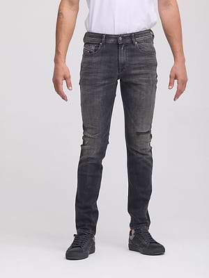 DIESEL jeans sleenker בצבע אפור שחור משופשף קרע סגור בברך 09N19