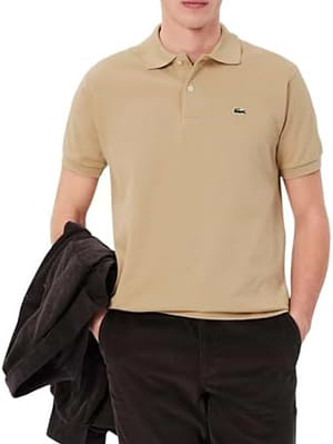 LACOSTE polo short sleeve פולו לקוסט בצבע בז' 02S עם התנין האייקוני (REGULAR FIT)