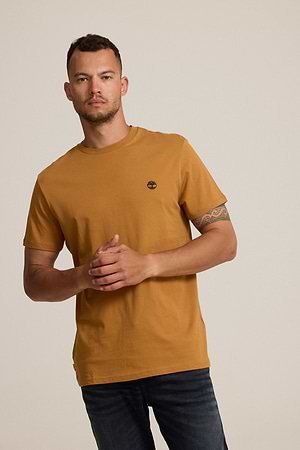 TIMBERLAND logo t shirt חולצה בצבע חרדל עם לוגו עיגול קטן בצבע שחור P-147