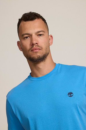 TIMBERLAND logo t shirt חולצה בצבע כחול ניאון עם לוגו עיגול קטן בצבע שחור P-118