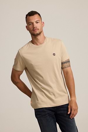 TIMBERLAND logo t shirt חולצה בצבע בז עם לוגו עיגול קטן בצבע שחור P-144