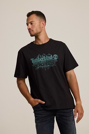 TIMBERLAND logo t shirt חולצה בצבע שחור עם הדפס כחול שם המותג בחזית המוצר P-120