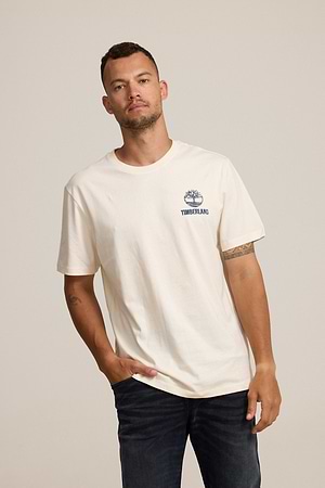 TIMBERLAND  logo t shirt חולצה בצבע שמנת עם לוגו כחול צידי והדפס בגב - xxl