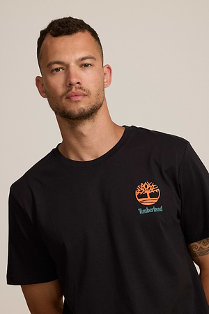 TIMBERLAND logo t shirt חולצה בצבע שחור לוגו המותג בכתום והדפס בגב P-110
