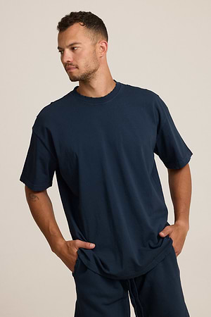 PALM MYKONOS navy oversize t shirt חולצה אוברסייז בצבע כחול נייבי בייסיק עם קרעים (חלק מסט) - l