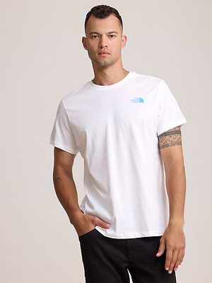 THE NORTH FACE logo t shirt חולצה בצבע לבן עם לוגו צידי תכלת והדפס בגב T-67