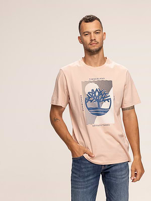 TIMBERLAND pudra t shirt חולצה בצבע פודרה משולב כחול עם עיגול בחזה P-60