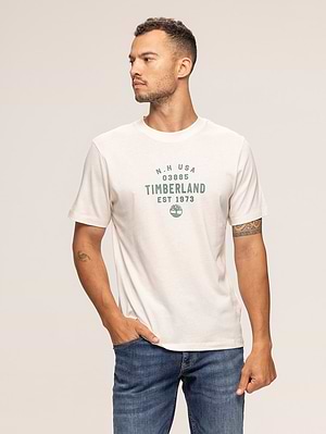 TIMBERLAND cream t shirt חולצה בצבע שמנת עם לוגו ירקרק בחזה P-116