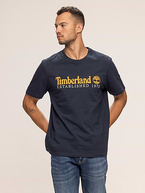 TIMBERLAND navy t shirt חולצה בצבע כחול כהה עם לוגו רקמה כתומה בחזה P-89