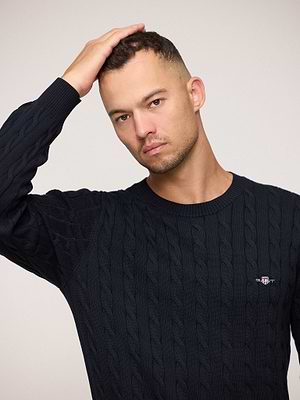 GANT casual cotton cable c-neck evening blue סריג צמות קלאסי בצבע כחול כהה כהה