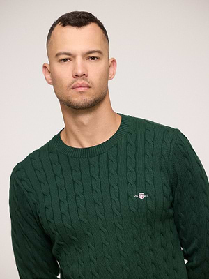GANT casual cotton cable c-neck tartan green סריג צמות קלאסי בצבע ירוק בקבוק
