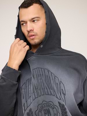 PALM MYKONOS hoodie blacksuper vintage קפוצון סופר וינטג' בצבע שחור ווש הדפס המותג בחזית קרעים