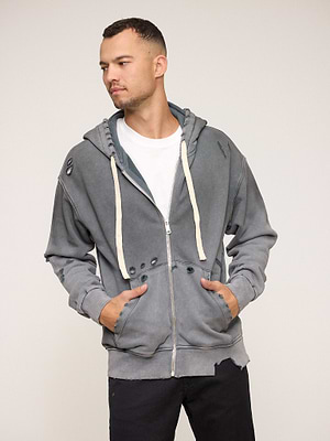 PALM MYKONOS hoodie zip super vintage קפוצון סופר וינטג' בצבע אפור אבן עם רוכסן וקרעים